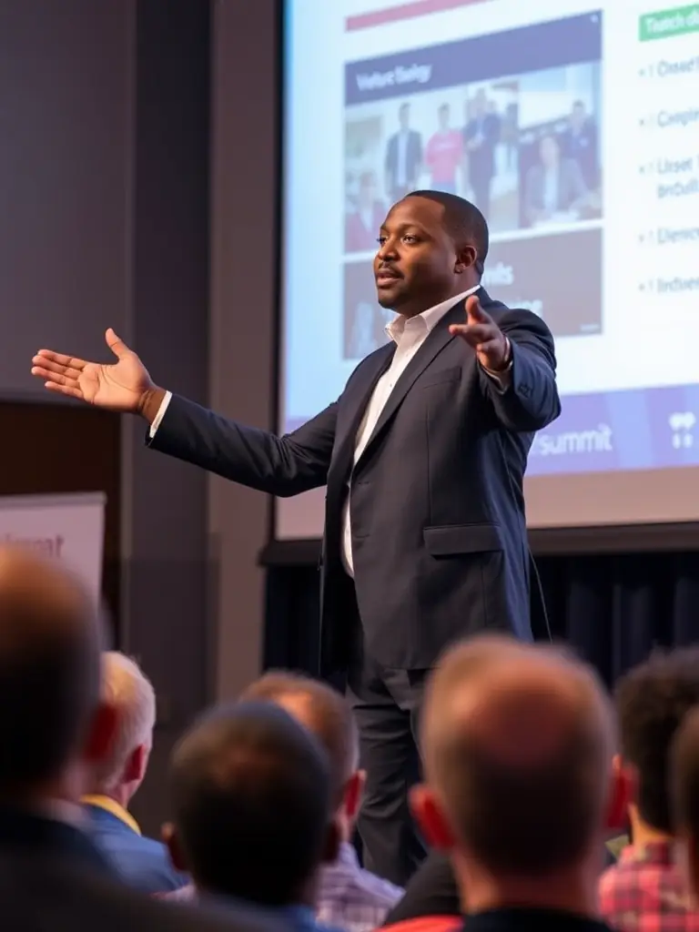 A photo of Vusi Thembekwayo, a renowned South African business strategist and speaker, delivering an engaging presentation at Venturesummit.