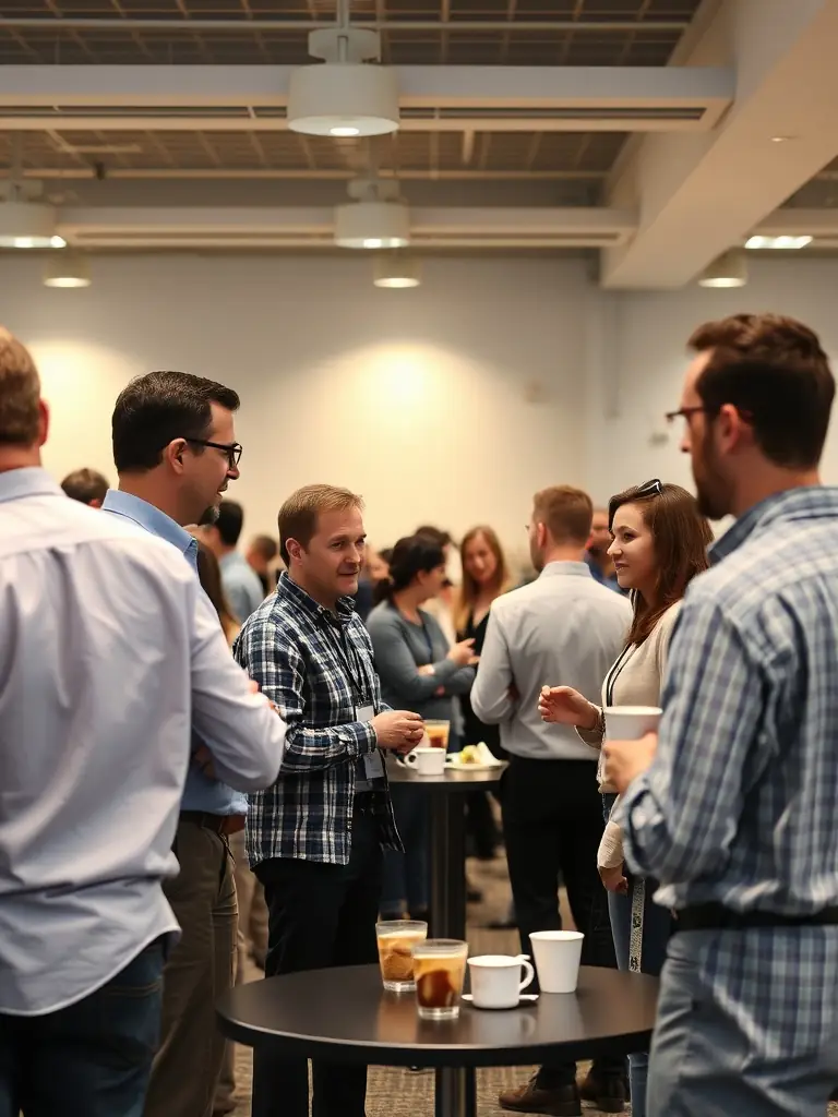 A photograph of attendees networking during a coffee break at a Venture Summit conference, exchanging business cards and discussing potential collaborations.