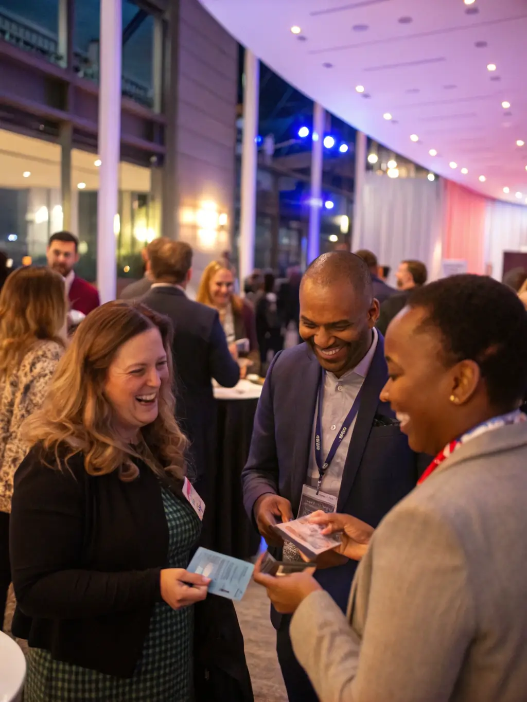 A vibrant image capturing a networking session at Venturesummit, with attendees engaging in conversations and exchanging business cards against the backdrop of the Johannesburg skyline.